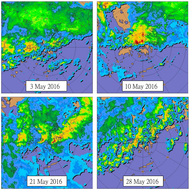 Radar echoes during rainstorm episodes affecting Hong Kong in May 2016