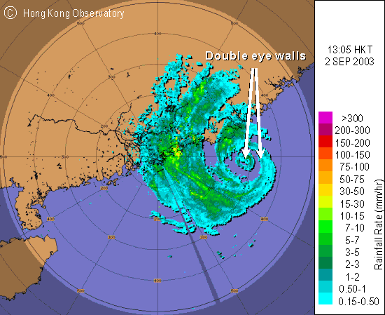 Typhoon Dujuan on 2 September 2003 - a Typhoon with Double Eye Walls