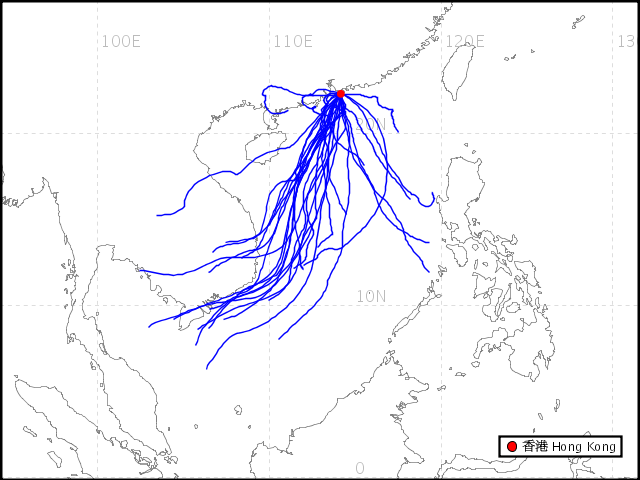 Backward trajectory of air mass reaching Hong Kong in July 2008