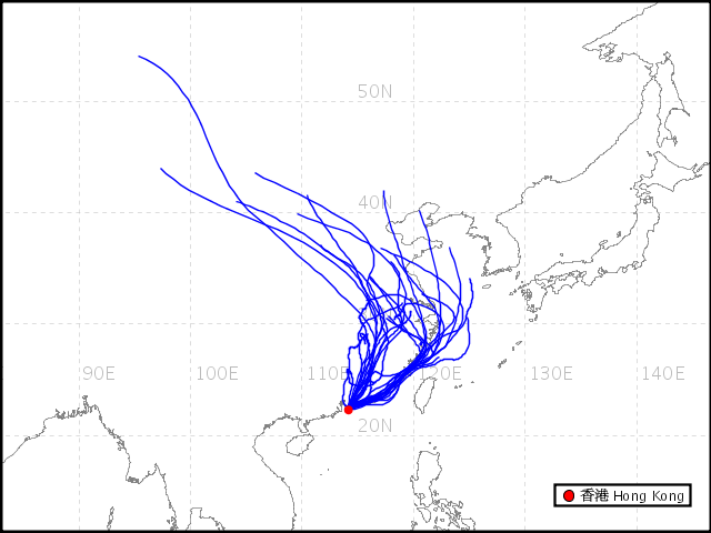 Backward trajectory of air mass reaching Hong Kong in January 2009