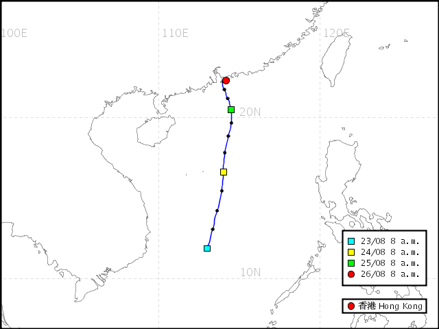 Backward trajectory reaching Hong Kong ending at 8 a.m. 26 Aug 2008