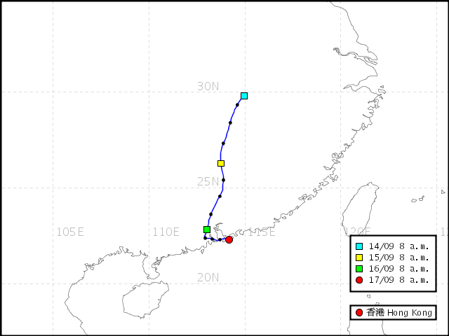 Backward trajectory reaching Hong Kong ending at 8 a.m. 17 Sep 2008