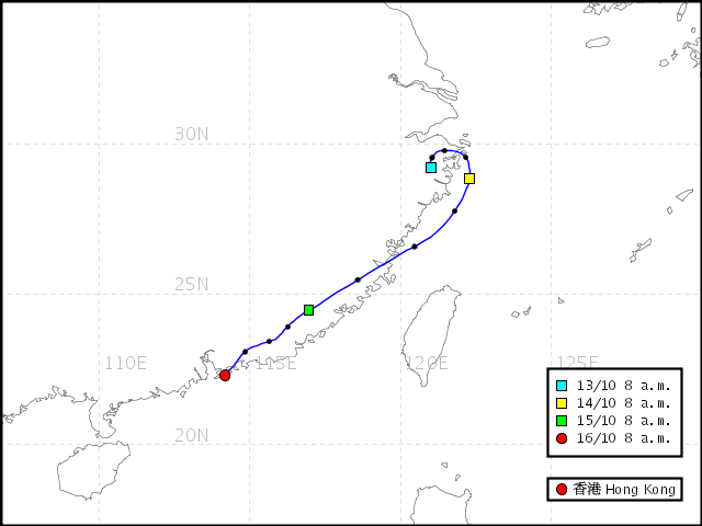 Backward trajectory reaching Hong Kong ending at 8 a.m. 16 Oct 2008
