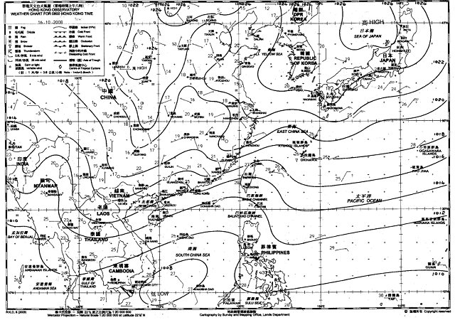 Weather chart at 8 a.m. on 16 Oct 2008
