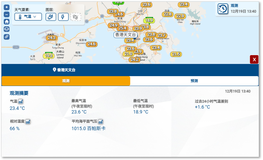 图二 选取站点显示该站过去、现时及未来的天气资料