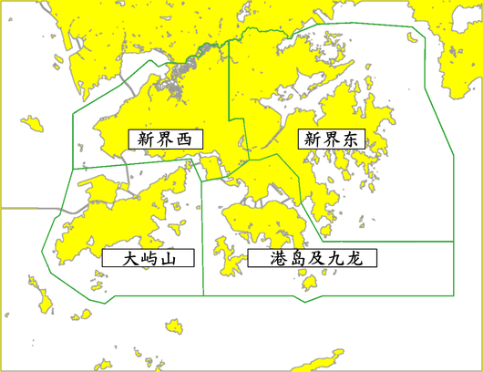 新界西、新界东、 大屿山、港岛及九龙的复盖范围