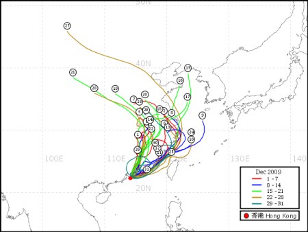 圖五 2009 年 12 月份的氣流抵港路線圖(過去 3 天的路徑)