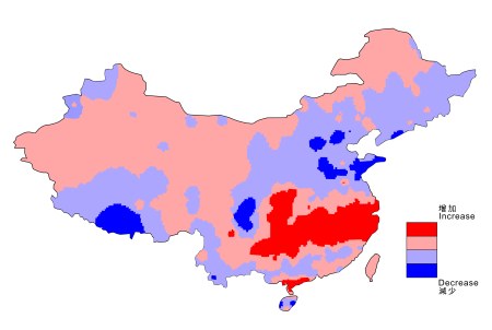 圖六 1969 至 2000 年間的夏季(6 月至 8 月)平均降雨量趨勢,顯示華中地區(紅色部分)有上升趨勢,但中國東北部(藍色部分)則呈現下降趨勢