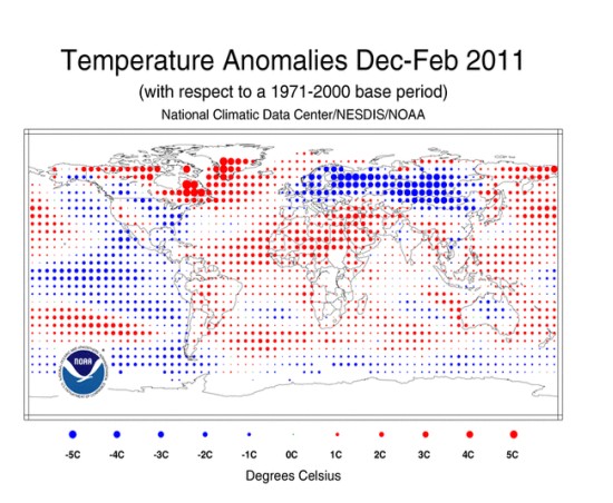 圖一     2010 年 12 月至 2011 年 2 月冬季溫度距平，相對於 1971-2000 年平均值（來源：美國國家海洋及大氣管理局國家氣候數據中心）4