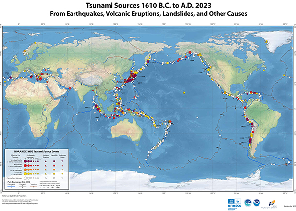 海嘯源頭(公元前1610年至公元2023年,涵蓋地震、火山爆發、山崩和其他原因)
