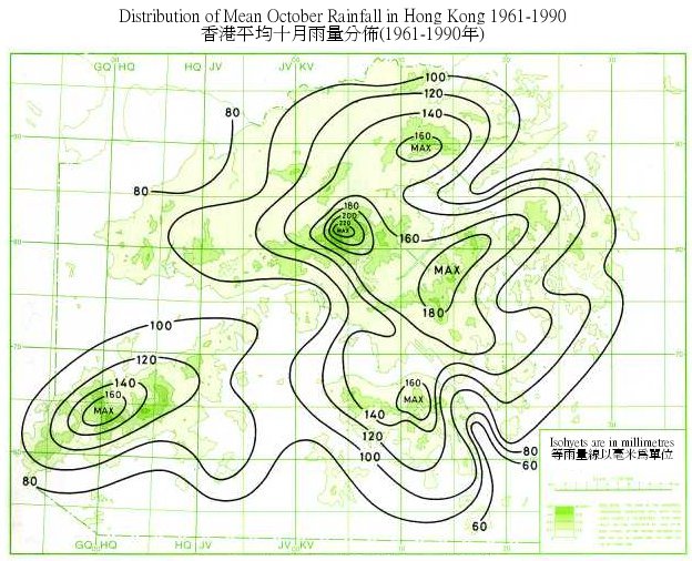 香港平均十月雨量分布图 (1961-1990年)