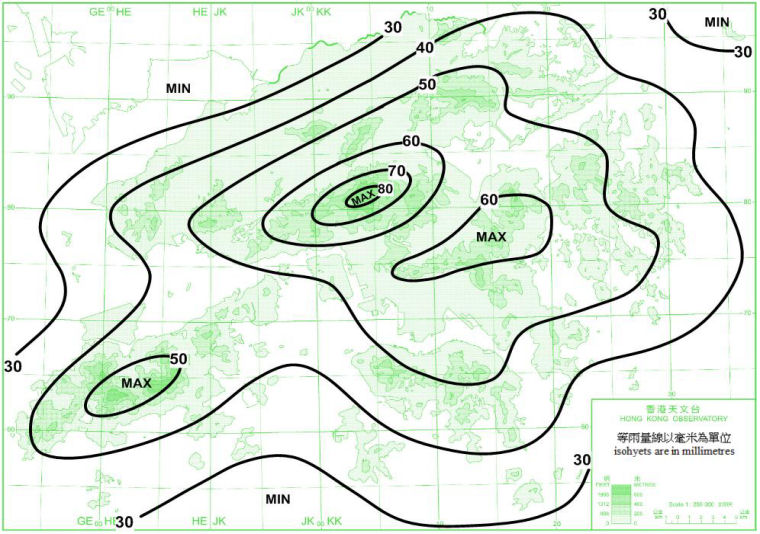香港平均二月雨量分佈圖 (1981-2010年)