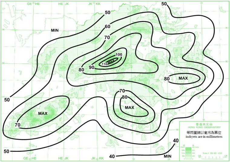 香港平均三月雨量分佈圖 (1981-2010年)