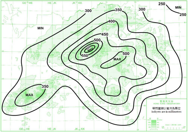 香港平均八月雨量分佈圖 (1981-2010年)
