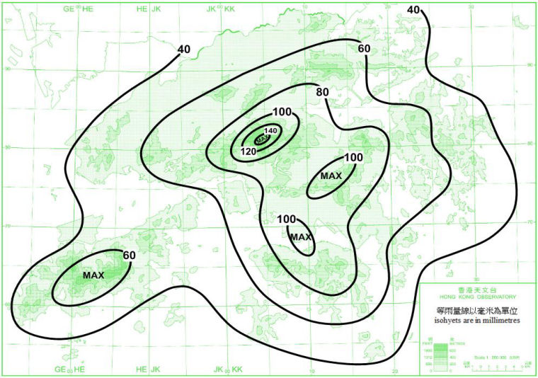 香港平均十月雨量分佈圖 (1981-2010年)