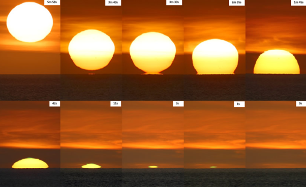 Figure 2. Before the “Inferior Mirage Flash” appears, the sun and its lower mirage image overlap, resembling the shape of “Omega” (2m 55 s moment). The upper right corner indicates the time left before the apparent position of the Sun sinks below the horizon. The Inferior Mirage Flash is particularly visible in the last second of sunset.