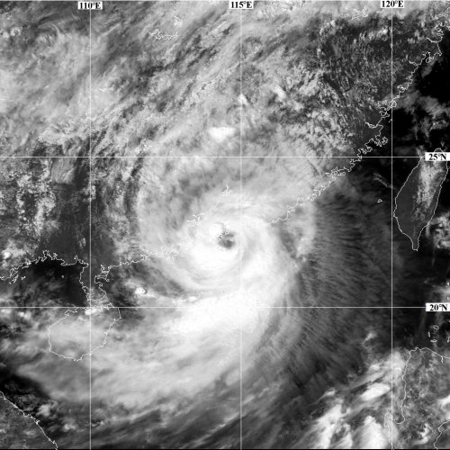颱風森姆襲港時，「天眼」觀測到當時
(1999年8月22日下午2時)森姆來勢洶洶的情況。