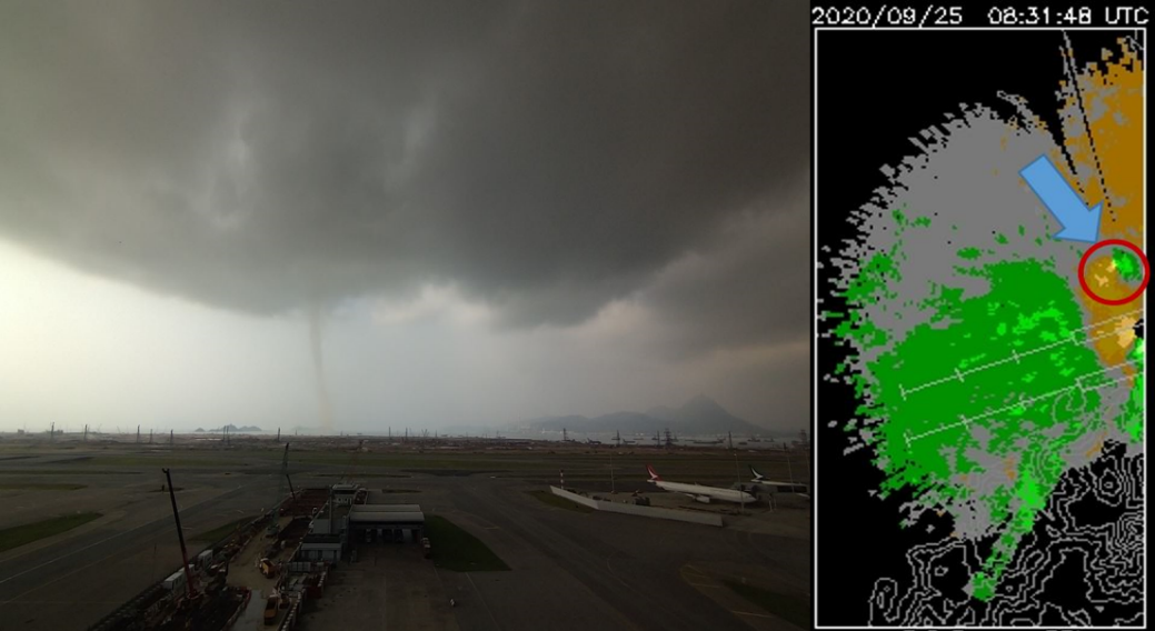 Figure 1： The moment the tornado appeared at Hong Kong Internatinal Airport captured by the camera (left) and LIDAR (right)