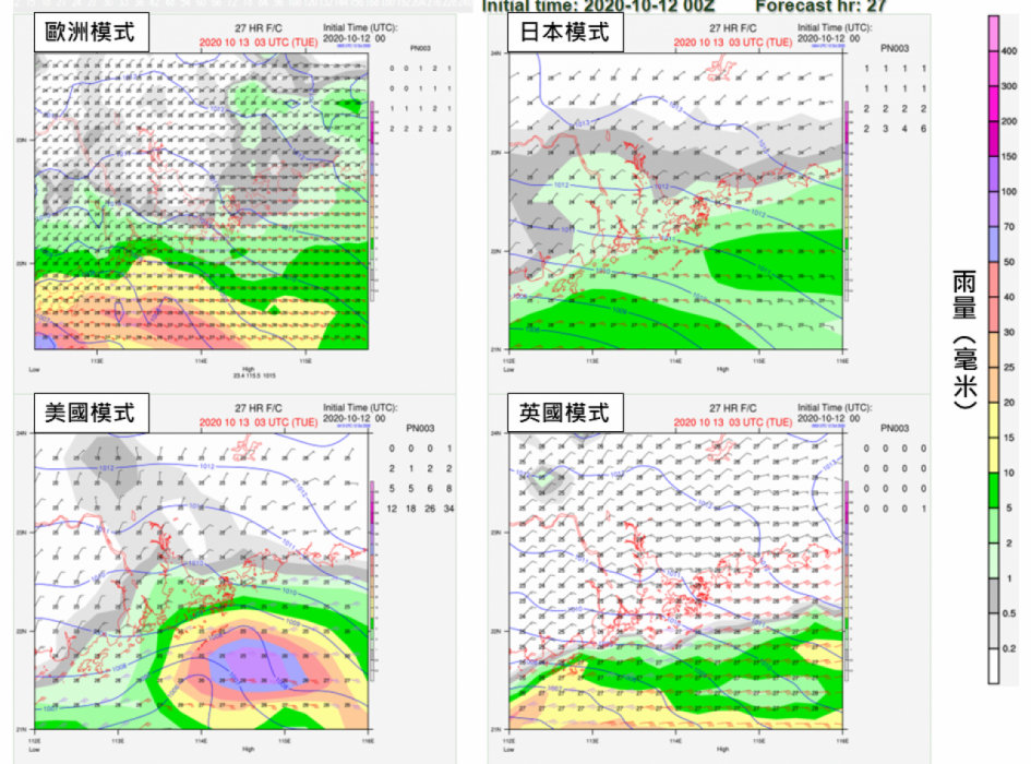 圖三：各大電腦模式在12日預測13日香港或近岸地區會有大風大雨