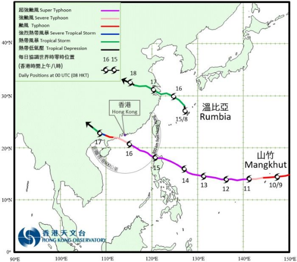 「溫比亞」及「山竹」於2018年的路徑