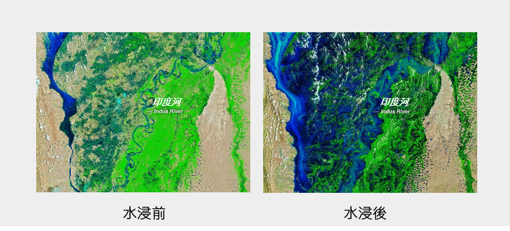 2022年8月巴基斯坦中南部地區水浸前後的情況