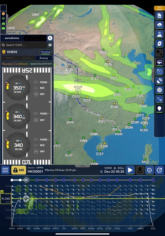 The new version of “MyFlightWx” displays possible occurrences of low visibility and strong winds at airports, as well as the runway conditions at Hong Kong International Airport