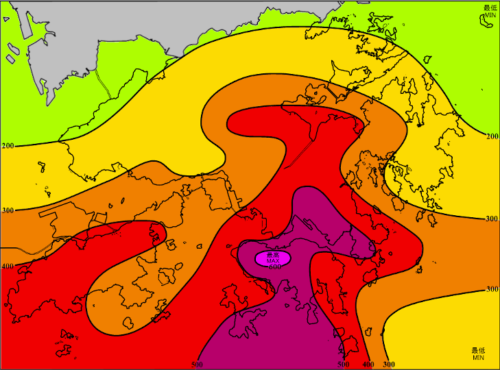 二十四小時雨量分佈圖 ( 2023年10月8日下午3時至2023年10月9日下午3時)