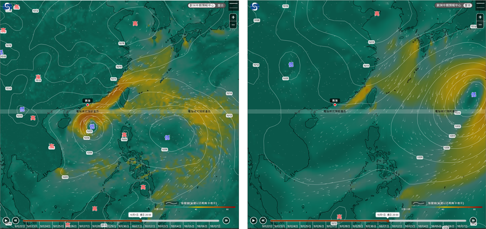歐洲中期預報中心（左）與「盤古電腦模式」（右）