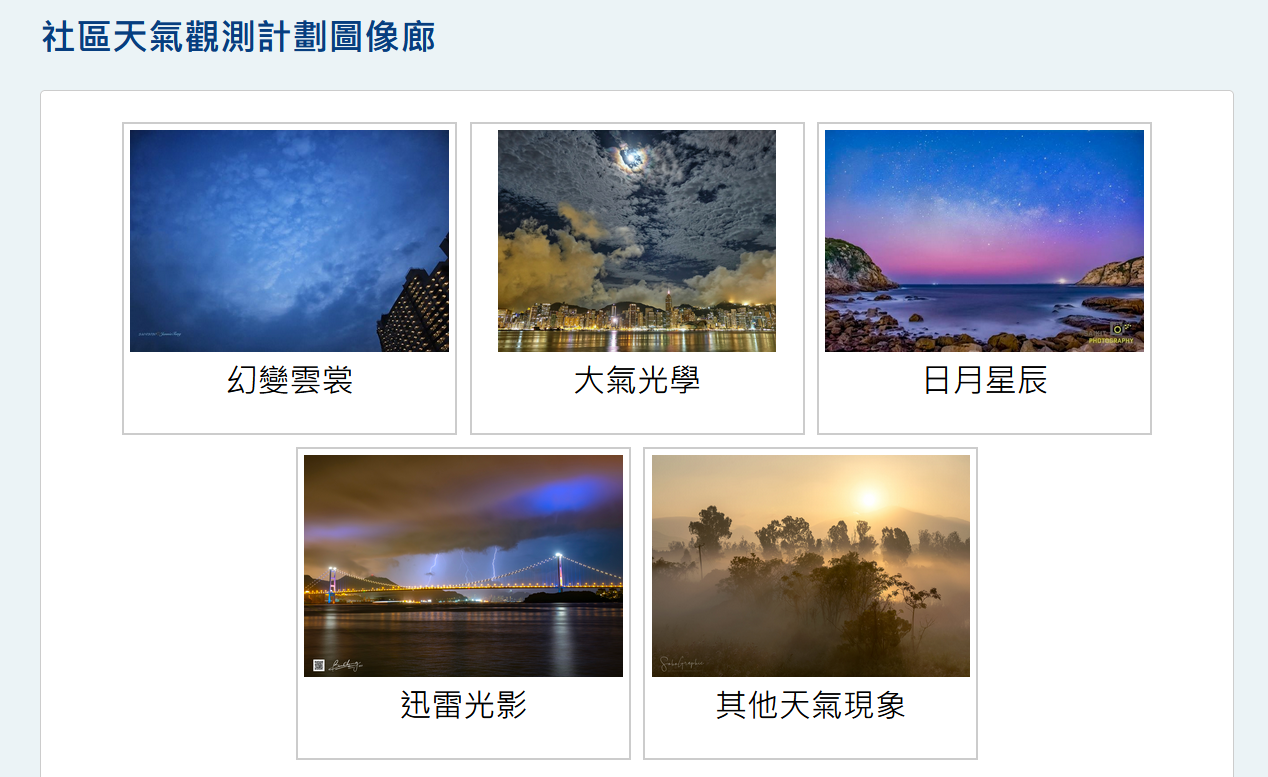 天氣圖像廊新增的照片涵蓋「幻變雲裳」、「大氣光學」、「日月星辰」、「迅雷光影」及「其他天氣現象」五個類別。