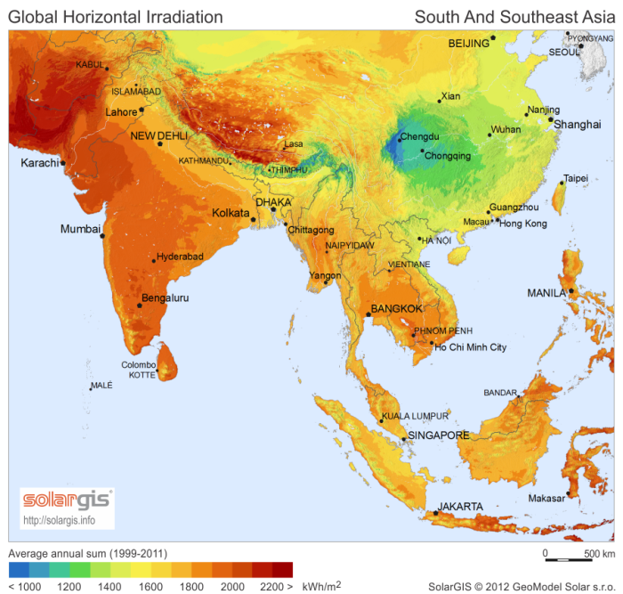 東南亞及南亞地區太陽輻射量分佈