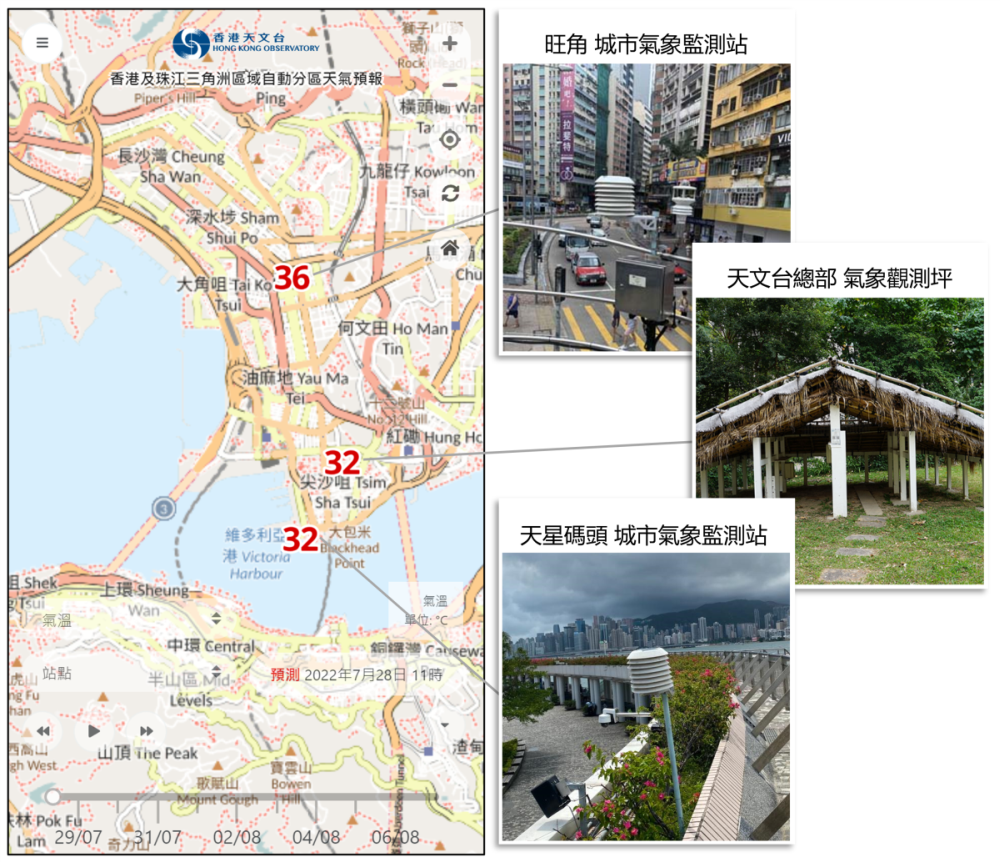 圖一  （左）「香港及珠江三角洲區域自動分區天氣預報」2022年7月28日11時的截圖。（右）天文台總部氣象觀測坪，以及旺角和天星碼頭的城市氣象監測站。