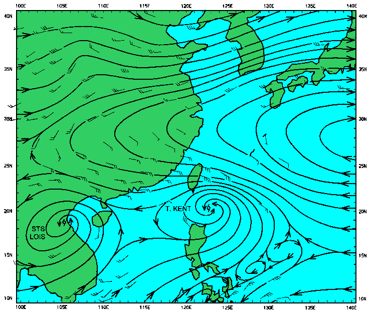 Fig. 4c Streamline chart of wind flow at 500 hPa, at 8 a.m., 30 August 1995