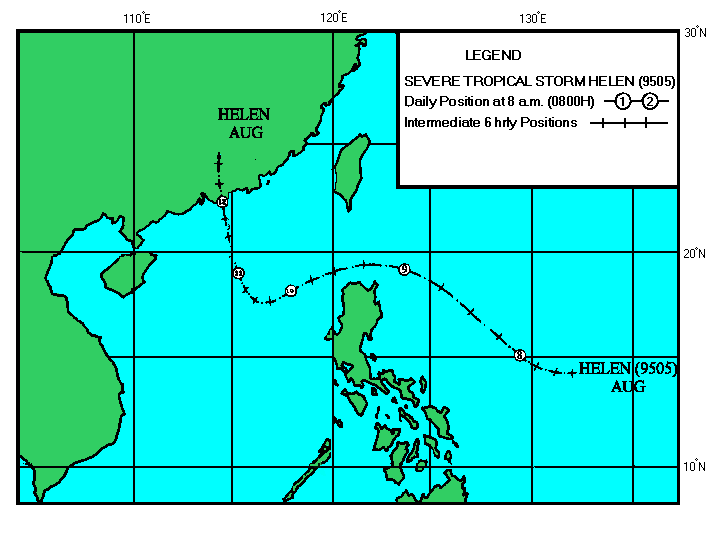 Fig. 3a Track of Severe Tropical Storm Helen : 7 - 12 August 1995