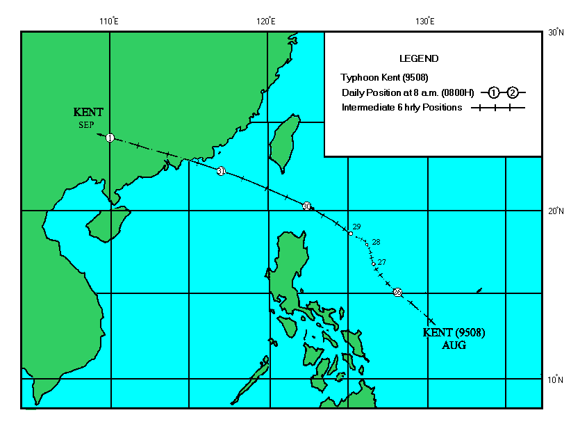 　Fig. 4a Track of Typhoon Kent : 25 August - 1 September 1995