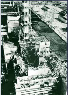 The damaged Unit 4 reactor in the Chernobyl accident