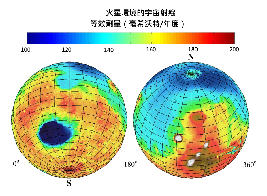 地圖中的顏色是以毫希沃特為單位的年度劑量估算。