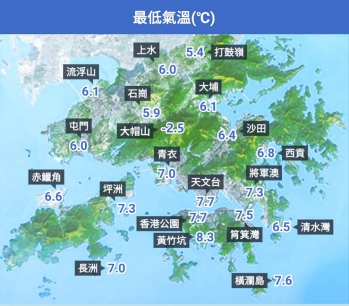 圖四：多雲不利輻射冷卻，所以1月8 日本港各區最低氣溫分別不大。