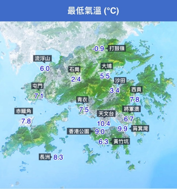 圖七：在1月13日本港市區和新界的最低溫度有很大差別。