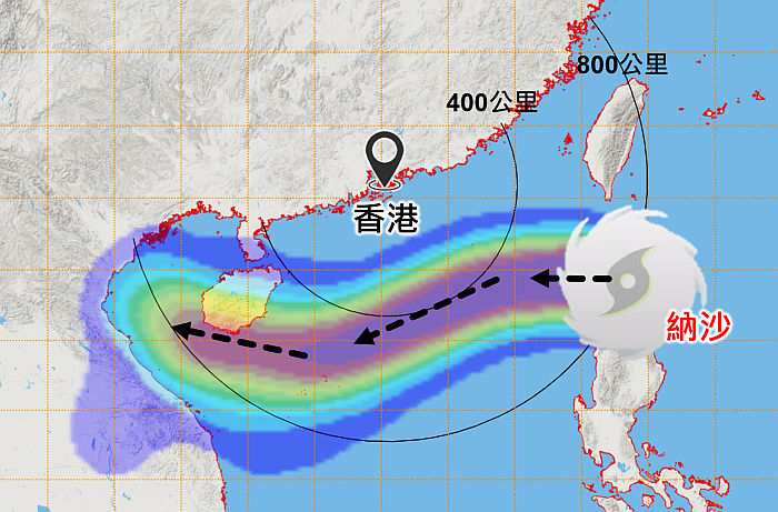 納沙會在明日（10月17日）靠近廣東沿岸，與香港的最近距離約為400公里左右。