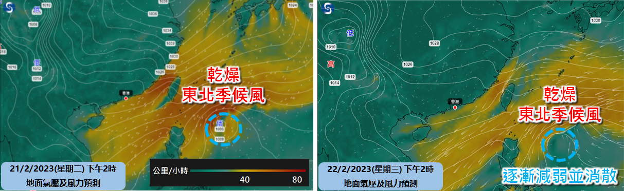 電腦預測星期二及星期三下午2時的地面氣壓及風力分佈，當該系統移向呂宋以東時，會受東北季候風影響而減弱並消散。（白色線為等壓線，氣壓以百帕斯卡表示）
