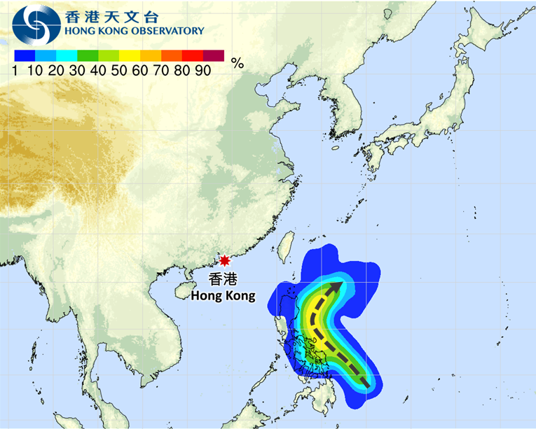 圖三：路徑概率顯示菲律賓以東海域的熱帶氣旋會在未來一兩日採取偏北路徑，大致移向呂宋以東一帶。