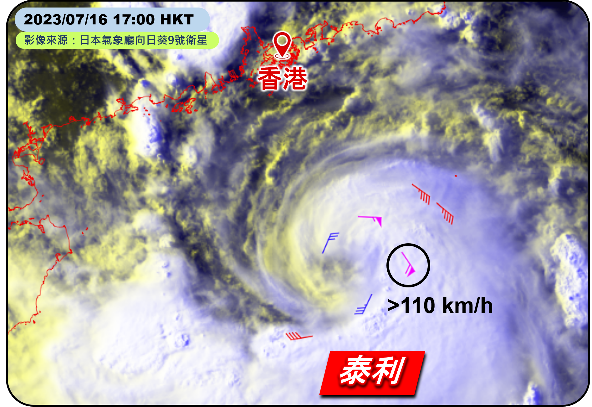 在7月16日下午，下投式探空儀錄得泰利中心東側近地面風速超過每小時110公里(黑圈標示)。