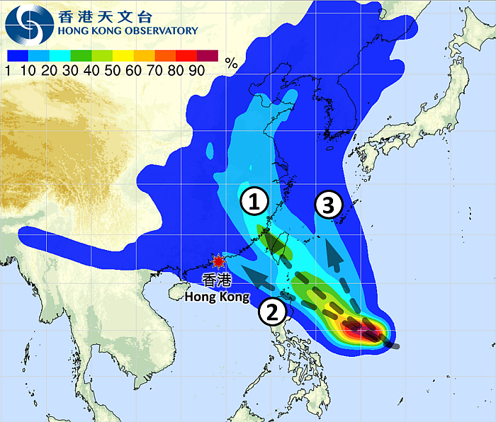 7月22日發布的杜蘇芮的路徑概率預測圖，以及三個可能發生的路徑情境。