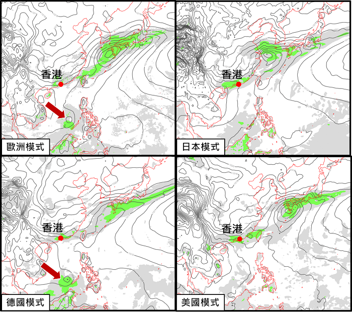 5月7日晚上8時模式預測的地面天氣圖。電腦模式對於低壓區的發展分歧甚大，其中歐洲及德國模式預測該系統有閉合等壓線（紅色箭嘴），而日本及美國模式則預測其強度較弱。