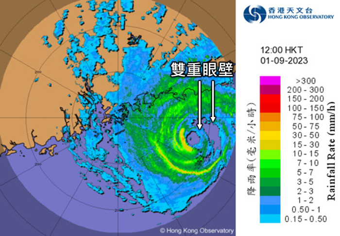 9月1日中午12時雷達圖像，顯示蘇拉的雙眼壁結構