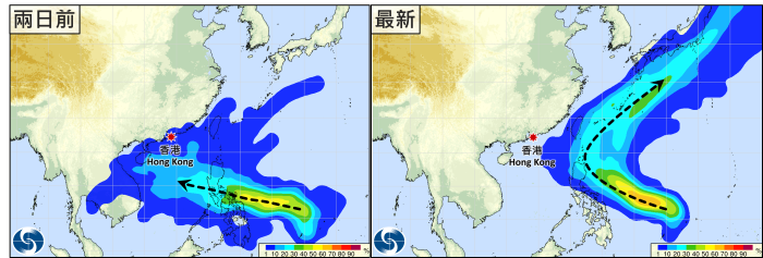 兩日前（即10月23日，左方）及最新（即10月25日，右方）的路徑概率預報圖