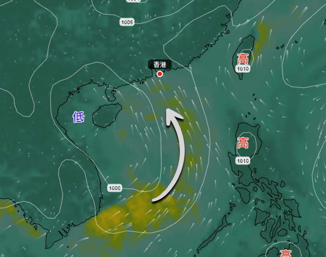 電腦模式預報廣闊低壓槽會在下週中期影響南海北部。白色箭咀表示風向，顏色表示風速，而黃色區域表示會有強風。