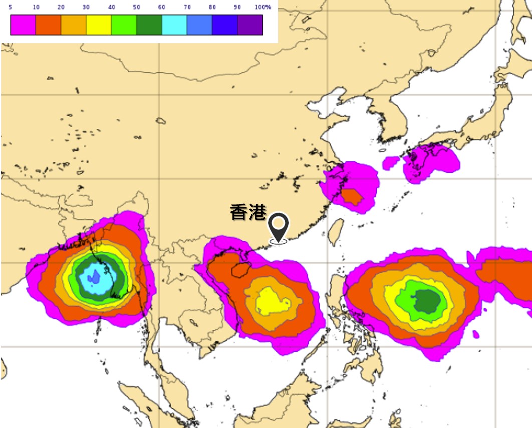 歐洲中期天氣預報中心預測下週中期的熱帶氣旋出現概率分佈圖。圖中偏紅色代表概率較低，而藍色則代表較高。 模式顯示在孟加拉灣、南中國海及菲律賓以東海域分別有三個潛在季風低壓或熱帶氣旋系統，而在孟加拉灣發展出熱帶氣旋的概率較高。