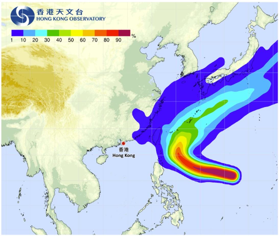 熱帶氣旋路徑概率預測顯示瑪娃會在未來一兩日移向呂宋以東海域