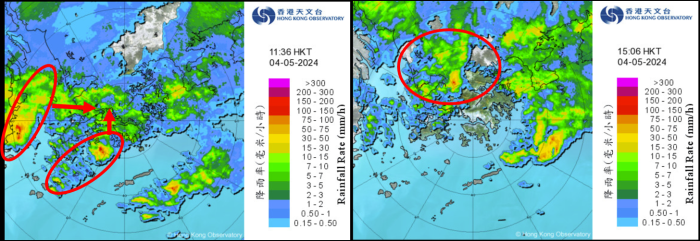 圖三 兩個強雷雨區的疊加效應有可能在本港出現（左），但及後雷雨區稍為減弱（右）